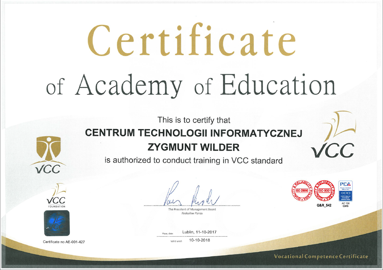 Certyfikat potwierdzający kompetencje do prowadzenia szkoleń z standardu VCC w 2018 roku