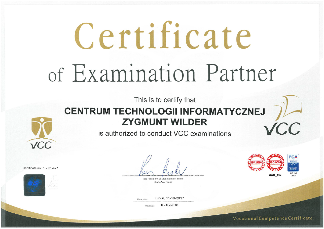 Certyfikat potwierdzający kompetencje do prowadzenia szkoleń z standardu VCC w 2017 roku