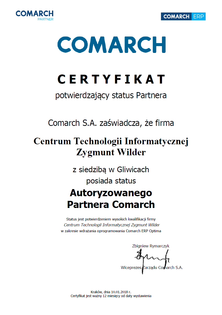 Certyfikat potwierdzający status Autoryzowanego Partnera Comarch