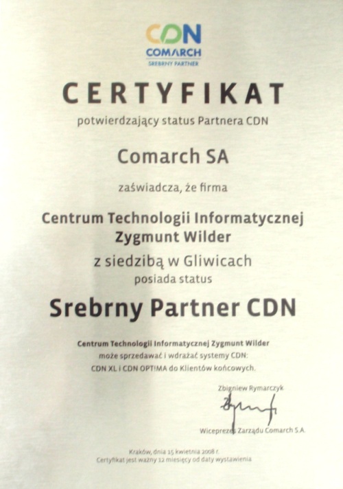 Certyfikat posiadania statusu Srebrny Partner w 2008 roku