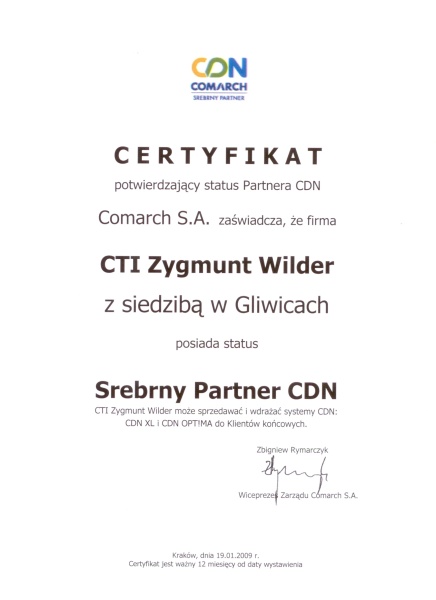 Certyfikat posiadania statusu Srebrny Partner w 2009 roku