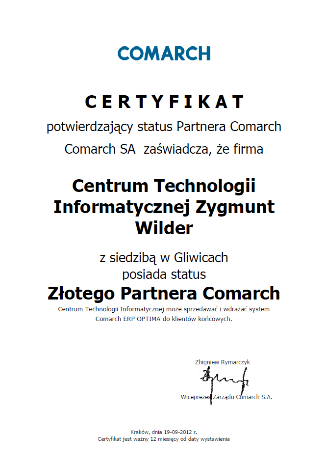 Certyfikat posiadania statusu Złoty Partner w 2012 roku